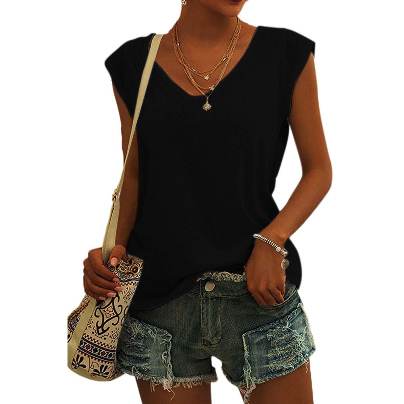 thumbnail image 5 of Camiseta básica de verano para mujer, holgada, con cuello en V y manga corta, sin mangas., 5 of 8